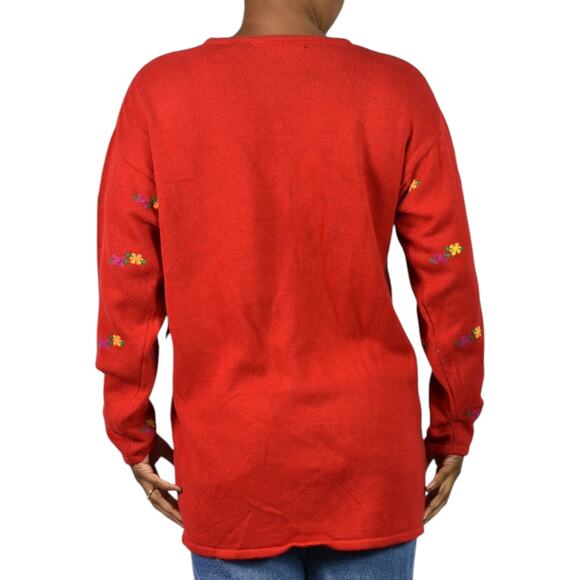 Vintage Birch Bros Eagles Eye Embroidery Sweater Red Floral Bouquet Medium Large - Picture 2 of 14
